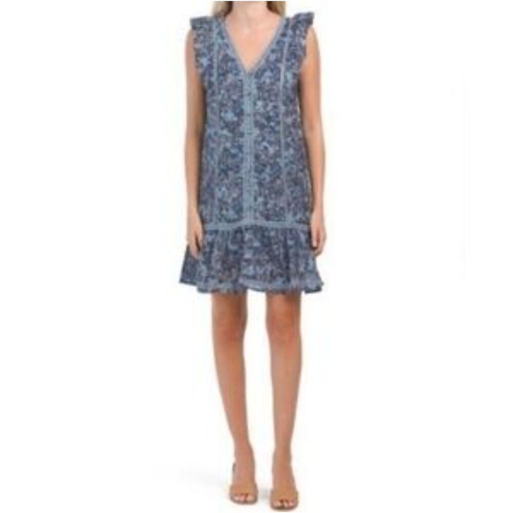 Lucky Brand Blue Floral Sleeveless Dress Ruffle Hem Crochet Trim Boho Dress L